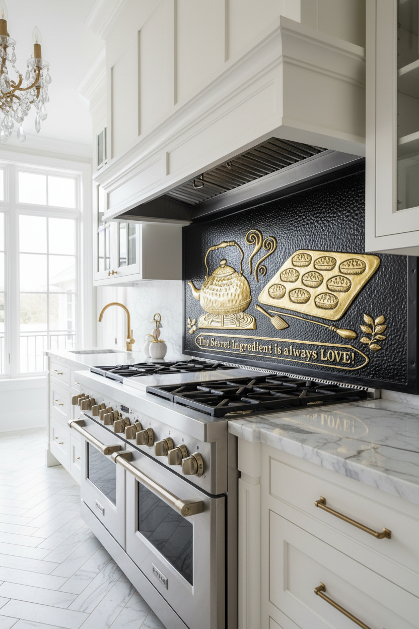Black Gold Tea Kettle Tray Panel EXTREMELY CLOSE Stove Backsplash Angled Left View Dream Luxury Kitchen