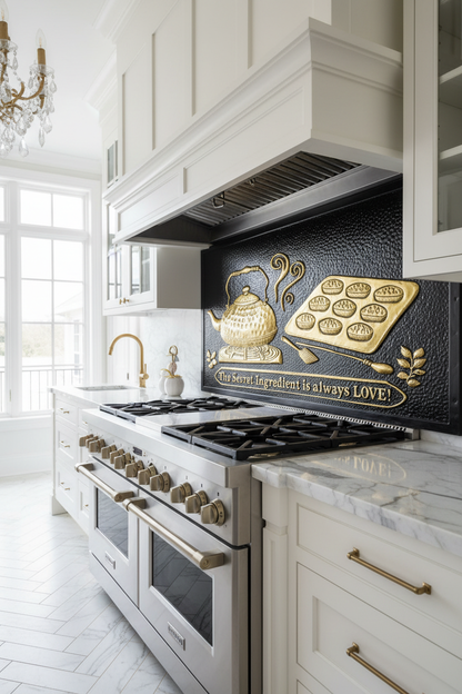 Black Gold Tea Kettle Tray Panel EXTREMELY CLOSE Stove Backsplash Angled Left View Dream Luxury Kitchen