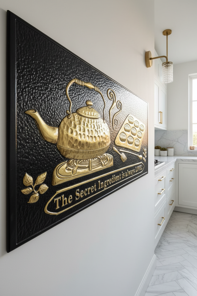 Black Gold Tea Kettle Tray Panel EXTREMELY CLOSE Stove Backsplash Angled Right View Dream Luxury Kitchen