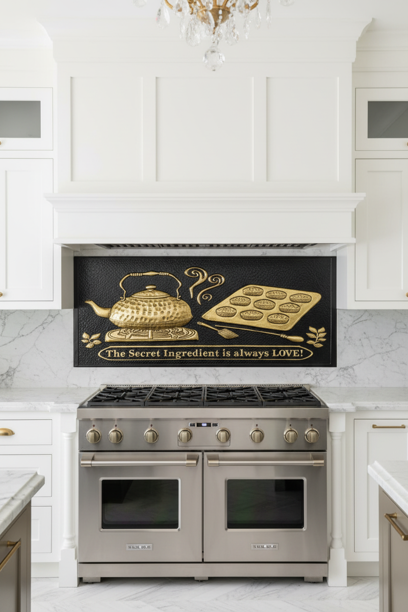 Black Gold Tea Kettle Tray Panel EXTREMELY CLOSE Stove Backsplash Front View Dream Luxury Kitchen