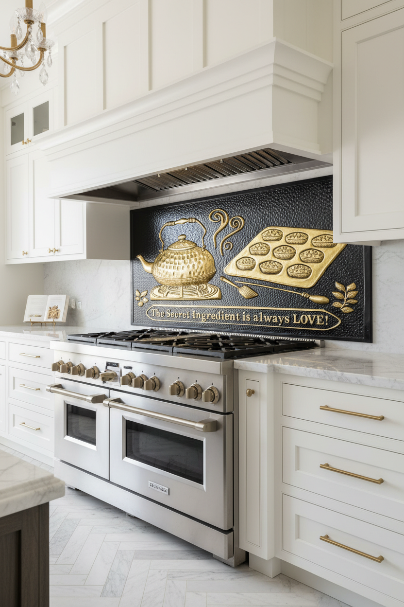 Black Gold Tea Kettle Tray Panel EXTREMELY CLOSE Stove Backsplash Slight Angled Left View Dream Luxury Kitchen