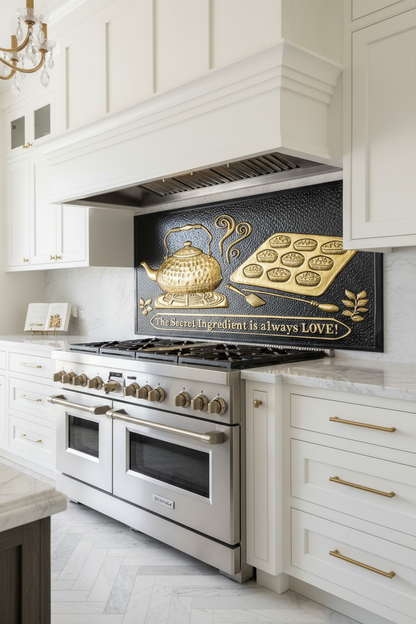 Black Gold Tea Kettle Tray Panel EXTREMELY CLOSE Stove Backsplash Slight Angled Left View Dream Luxury Kitchen