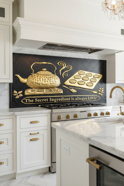 Black Gold Tea Kettle Tray Panel EXTREMELY CLOSE Stove Backsplash Slight Angled Right View Dream Luxury Kitchen