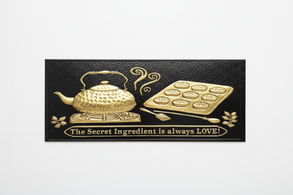 Black Gold Tea Kettle Tray Panel Front View White Background Correct Design Black Background Brass Gold Relief