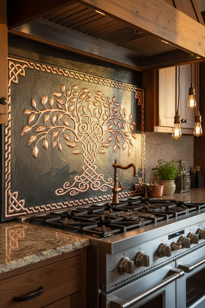 Black Tree of Life Copper Backsplash Large Panel EXTREMELY CLOSE Angled Left View Handmade Kitchen Wall Art Ultra Luxury Rustic Farmhouse Kitchen Stove Backsplash