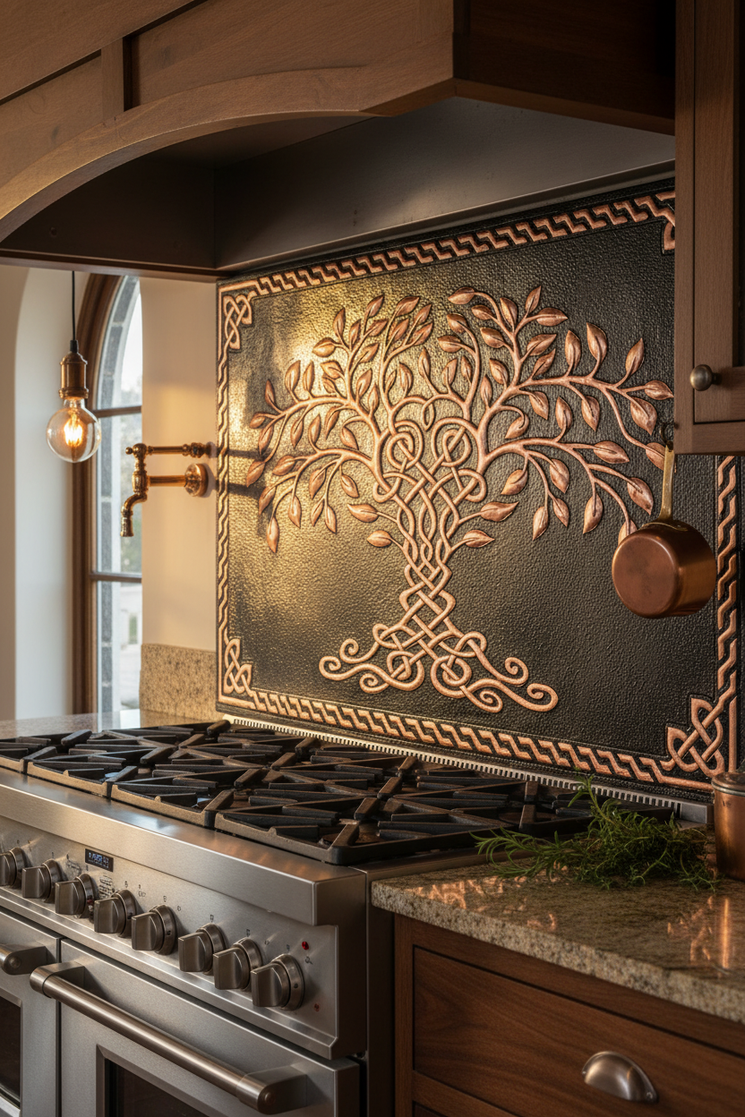 Black Tree of Life Copper Backsplash Large Panel EXTREMELY CLOSE Angled Right View Handmade Kitchen Wall Art Ultra Luxury Rustic Farmhouse Kitchen Stove Backsplash