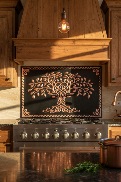 Black Tree of Life Copper Backsplash Large Panel EXTREMELY CLOSE Front Direct View Handmade Kitchen Wall Art Ultra Luxury Rustic Farmhouse Kitchen Stove Backsplash