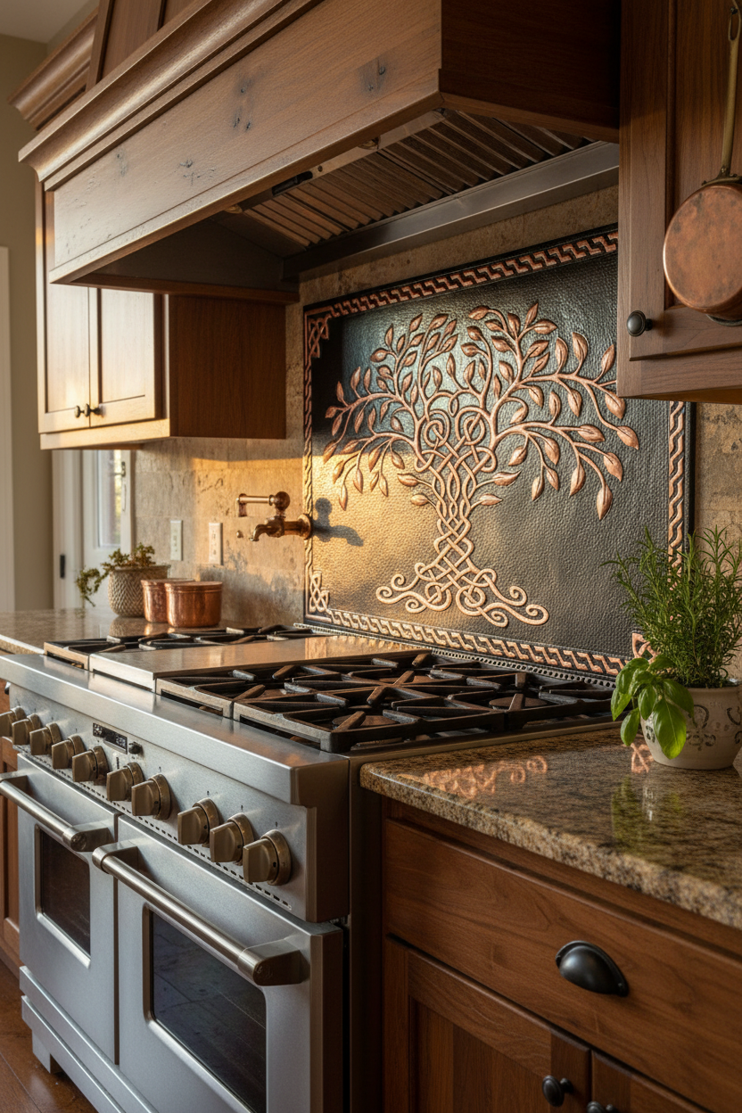 Black Tree of Life Copper Backsplash Large Panel EXTREMELY CLOSE Slight Angled Left View Handmade Kitchen Wall Art Ultra Luxury Rustic Farmhouse Kitchen Stove Backsplash