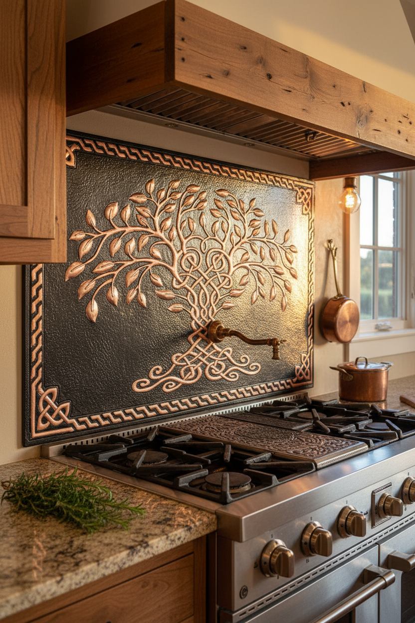 Black Tree of Life Copper Backsplash Large Panel EXTREMELY CLOSE Slight Angled Right View Handmade Kitchen Wall Art Ultra Luxury Rustic Farmhouse Kitchen Stove Backsplash