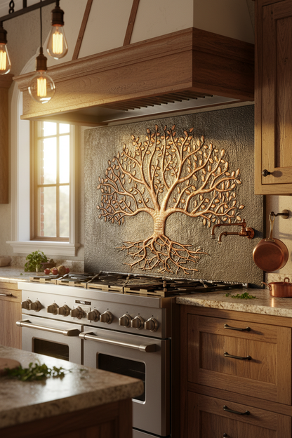 Black Tree With Roots Copper Backsplash Large Panel EXTREMELY CLOSE Angled Left View Handmade Kitchen Wall Art Ultra Luxury Rustic Farmhouse Kitchen Stove Backsplash