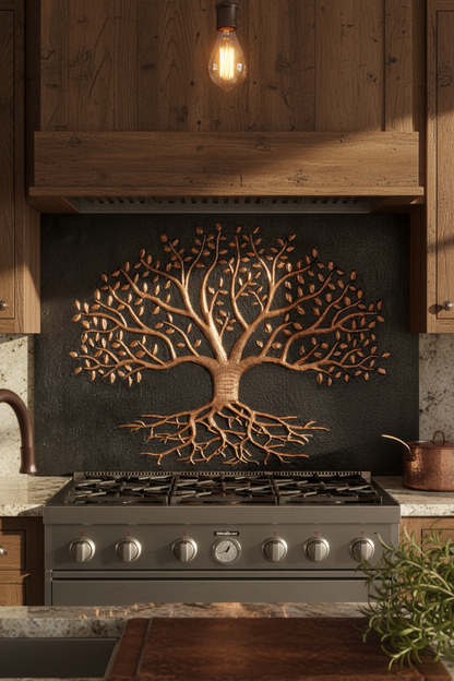 Black Tree With Roots Copper Backsplash Large Panel EXTREMELY CLOSE Front Direct View Handmade Kitchen Wall Art Ultra Luxury Rustic Farmhouse Kitchen Stove Backsplash