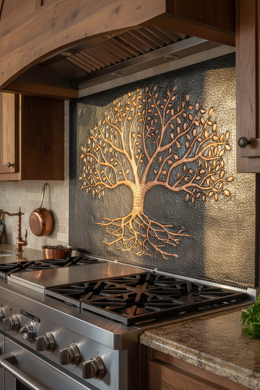 Black Tree With Roots Copper Backsplash Large Panel EXTREMELY CLOSE Slight Angled Left View Handmade Kitchen Wall Art Ultra Luxury Rustic Farmhouse Kitchen Stove Backsplash