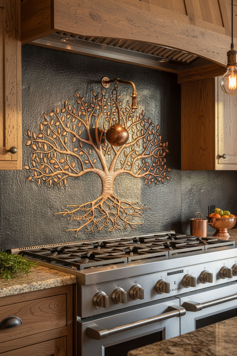 Black Tree With Roots Copper Backsplash Large Panel EXTREMELY CLOSE Slight Angled Right View Handmade Kitchen Wall Art Ultra Luxury Rustic Farmhouse Kitchen Stove Backsplash