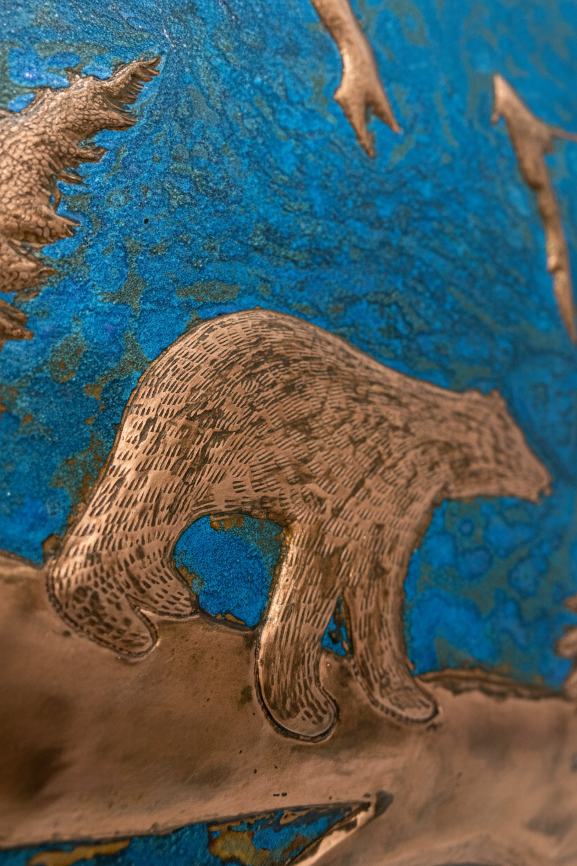 Blue Bear backsplash close-up detail showing copper relief on blue patina with hand-hammered texture