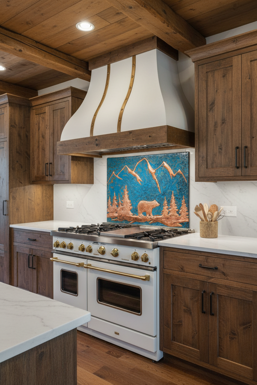 Blue Bear backsplash lodge kitchen copper relief bold blue patina woodland 48-60 inches