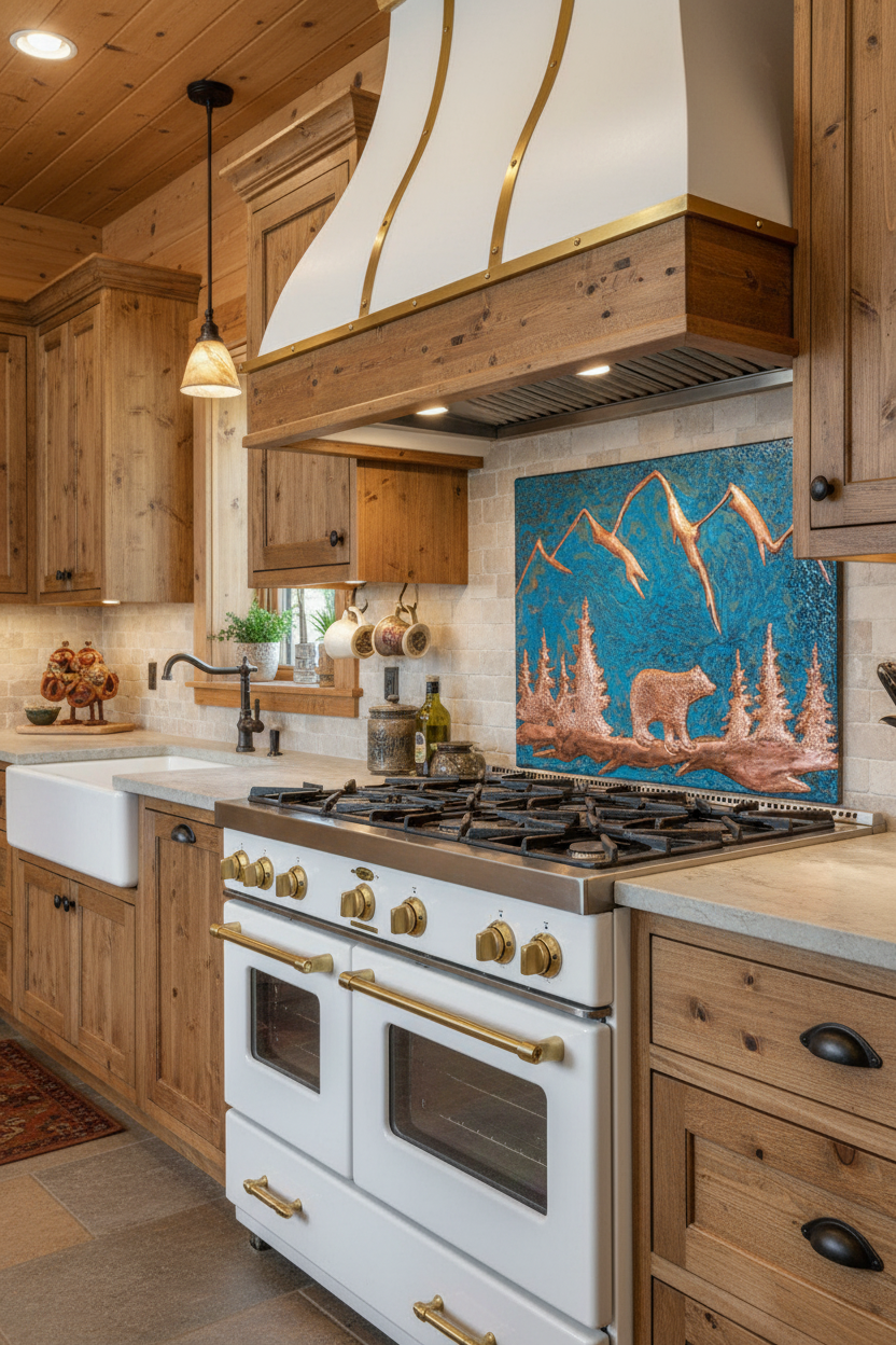Blue Bear backsplash mountain lodge kitchen copper relief vibrant blue patina 50-62 inches