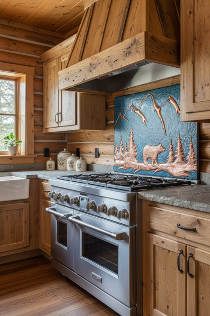 Blue Bear backsplash rustic cabin kitchen copper relief blue patina wilderness 48-60 inches