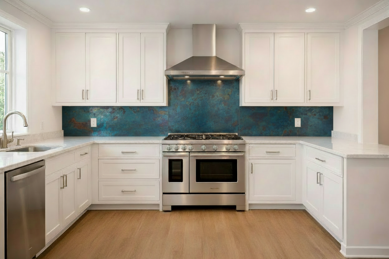 Blue Copper Backsplash — White Shaker Kitchen
