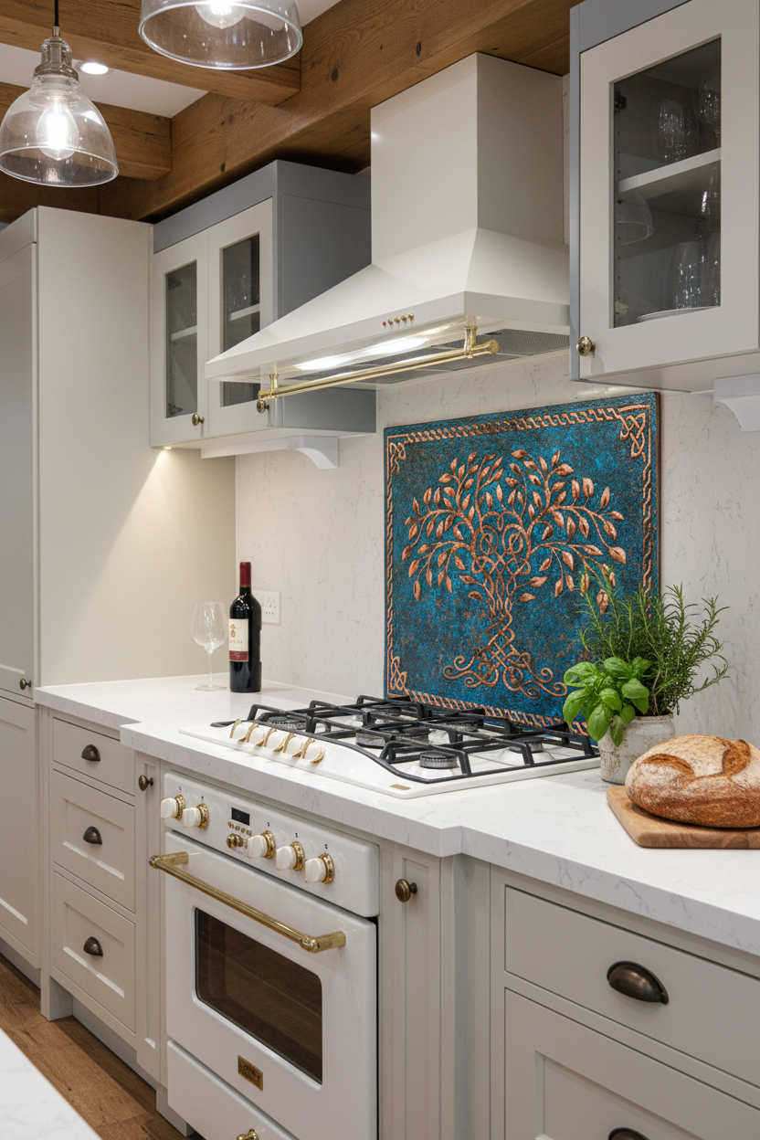 Blue Tree of Life Copper Backsplash Close Angled View Ultra-Luxury Transitional Kitchen