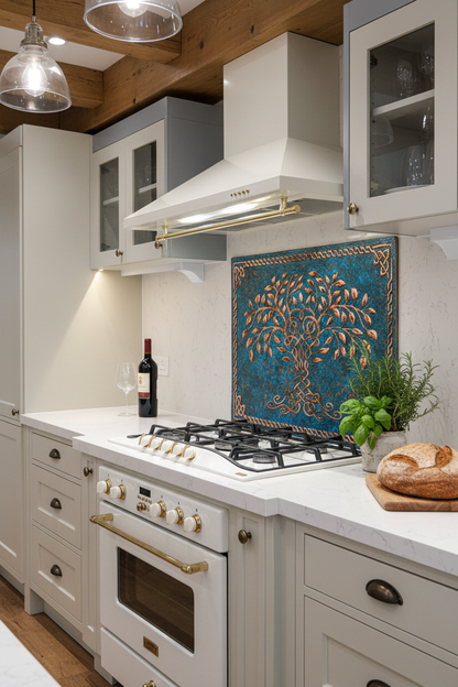 Blue Tree of Life Copper Backsplash Close Angled View Ultra-Luxury Transitional Kitchen