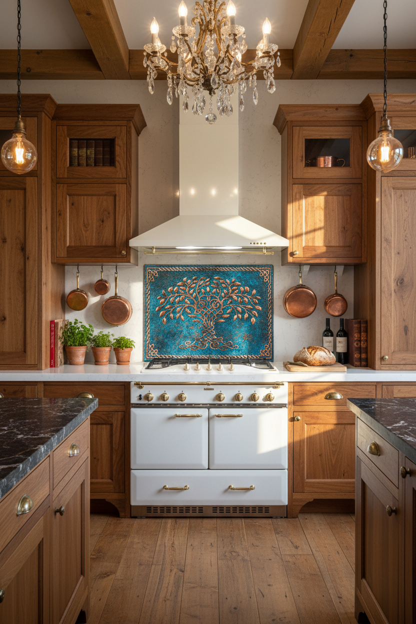 Blue Tree of Life Copper Backsplash Close Front Direct View Ultra-Luxury Celtic-Inspired Kitchen
