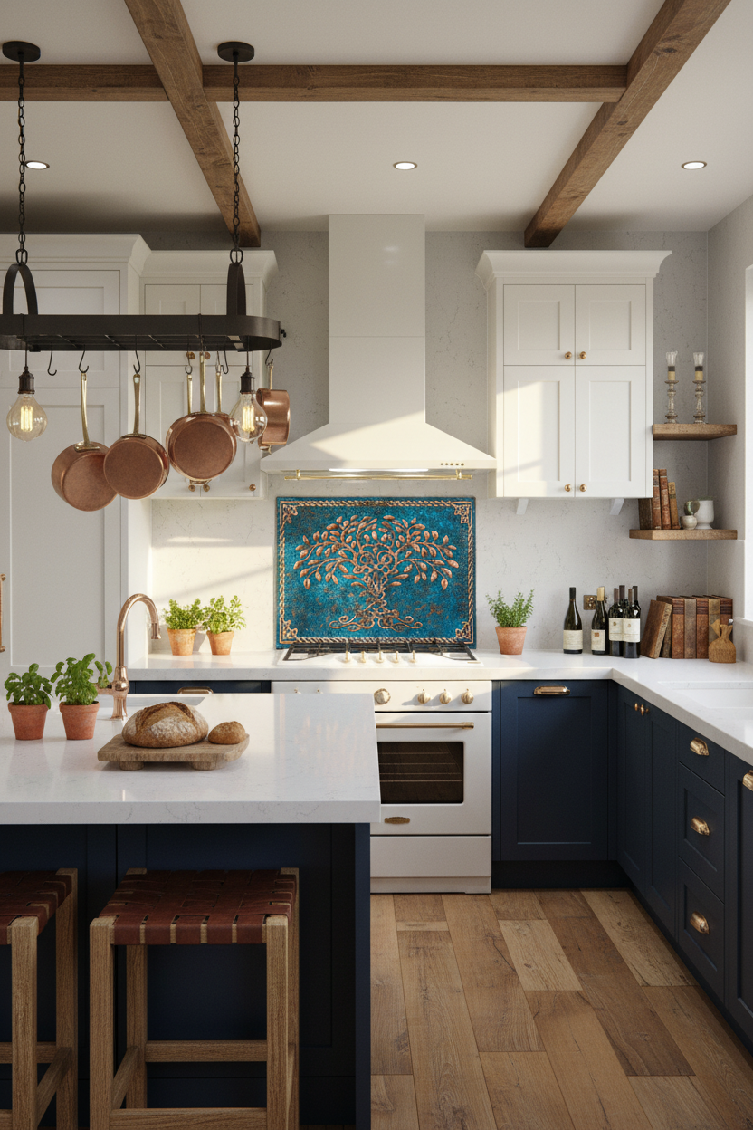 Blue Tree of Life Copper Backsplash Close Wide View Ultra-Luxury Celtic-Inspired Kitchen