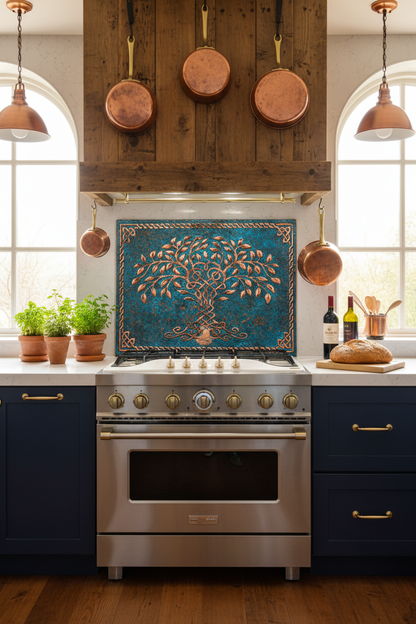 Blue Tree of Life Copper Backsplash Closer Front Direct View Ultra-Luxury Celtic-Inspired Kitchen