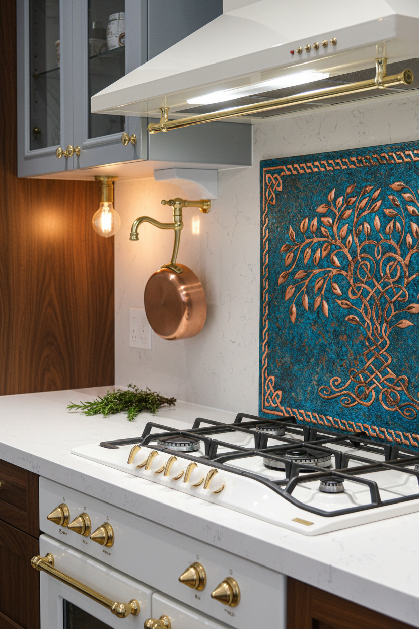 Blue Tree of Life Copper Backsplash Closer View More Panel Less Kitchen