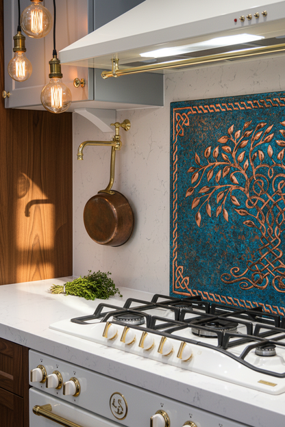 Blue Tree of Life Copper Backsplash Closer View More Panel Less Kitchen