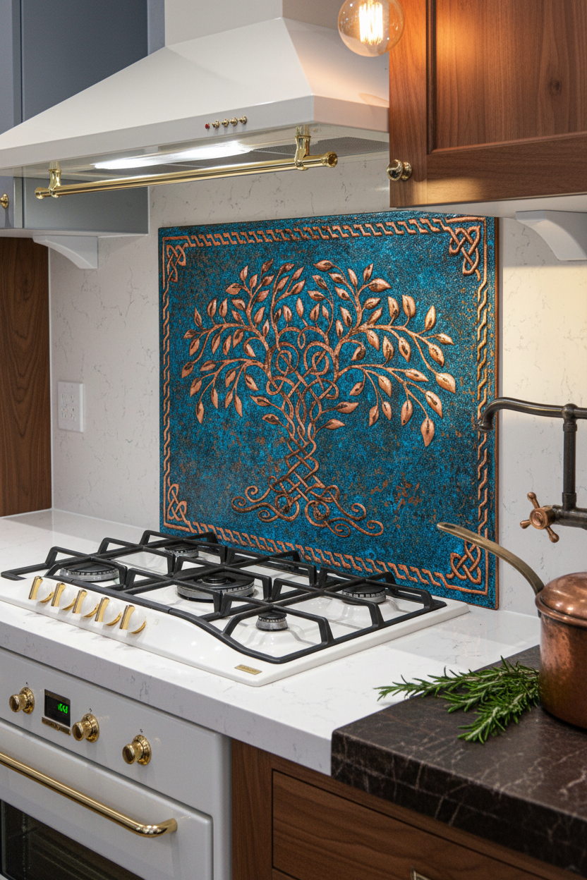 Blue Tree of Life Copper Backsplash Closest Front Direct View Ultra-Luxury Celtic-Inspired Kitchen