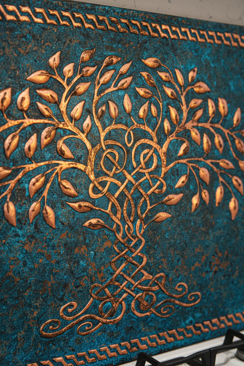 Blue Tree of Life Copper Backsplash Closest View Only Panel