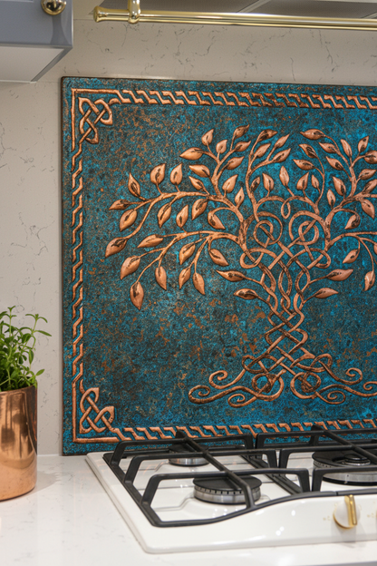 Blue Tree of Life Copper Backsplash Even Closer View Panel Dominates