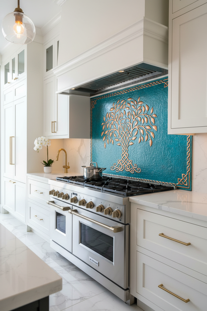 Blue Tree of Life Copper Backsplash Large Panel EXTREMELY CLOSE Angled Left View Handmade Kitchen Wall Art Ultra Luxury Upscale Modern Elegant Kitchen Stove Backsplash