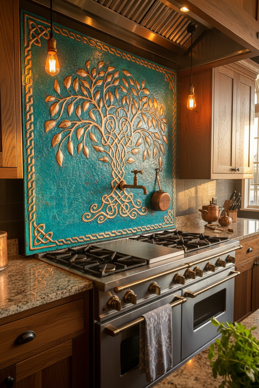 Blue Tree of Life Copper Backsplash Large Panel EXTREMELY CLOSE Angled Right View Handmade Kitchen Wall Art Ultra Luxury Rustic Farmhouse Kitchen Stove Backsplash