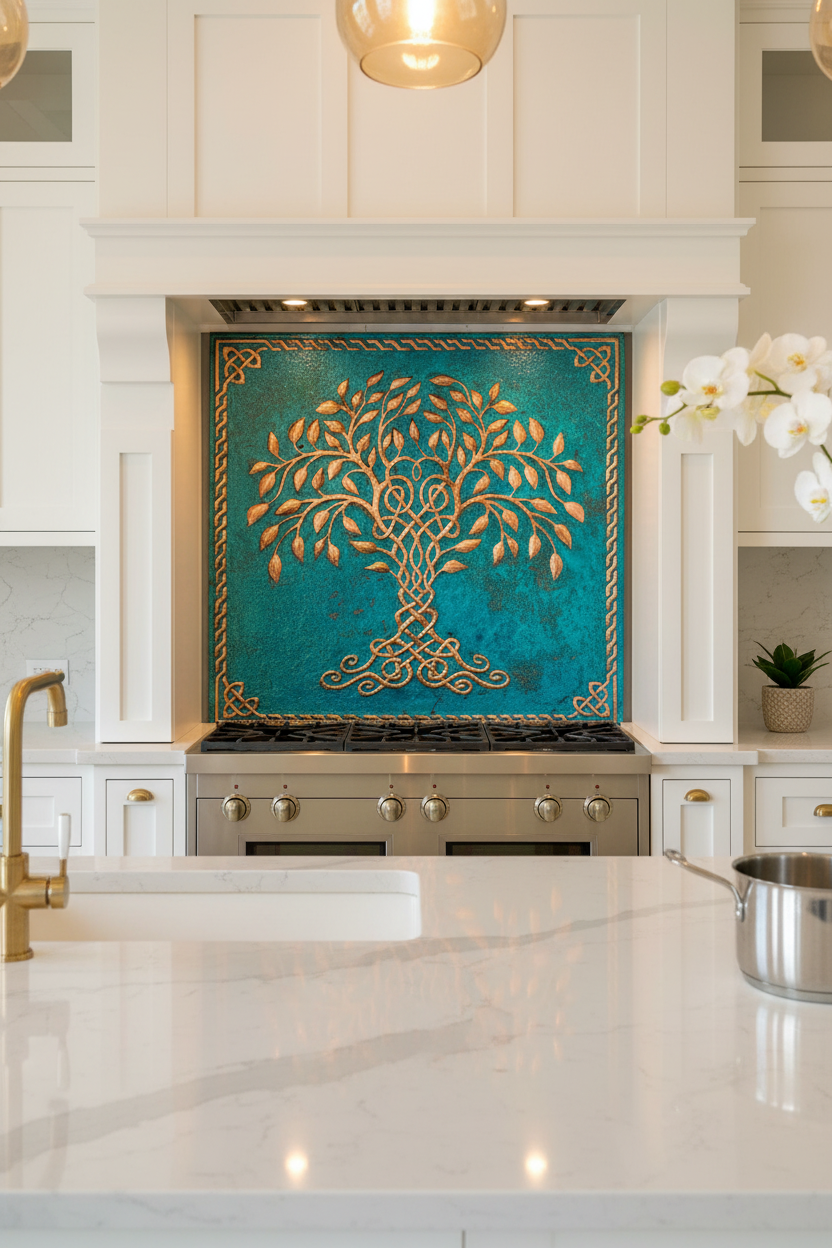 Blue Tree of Life Copper Backsplash Large Panel EXTREMELY CLOSE Front Direct View Handmade Kitchen Wall Art Ultra Luxury Upscale Modern Elegant Kitchen Stove Backsplash