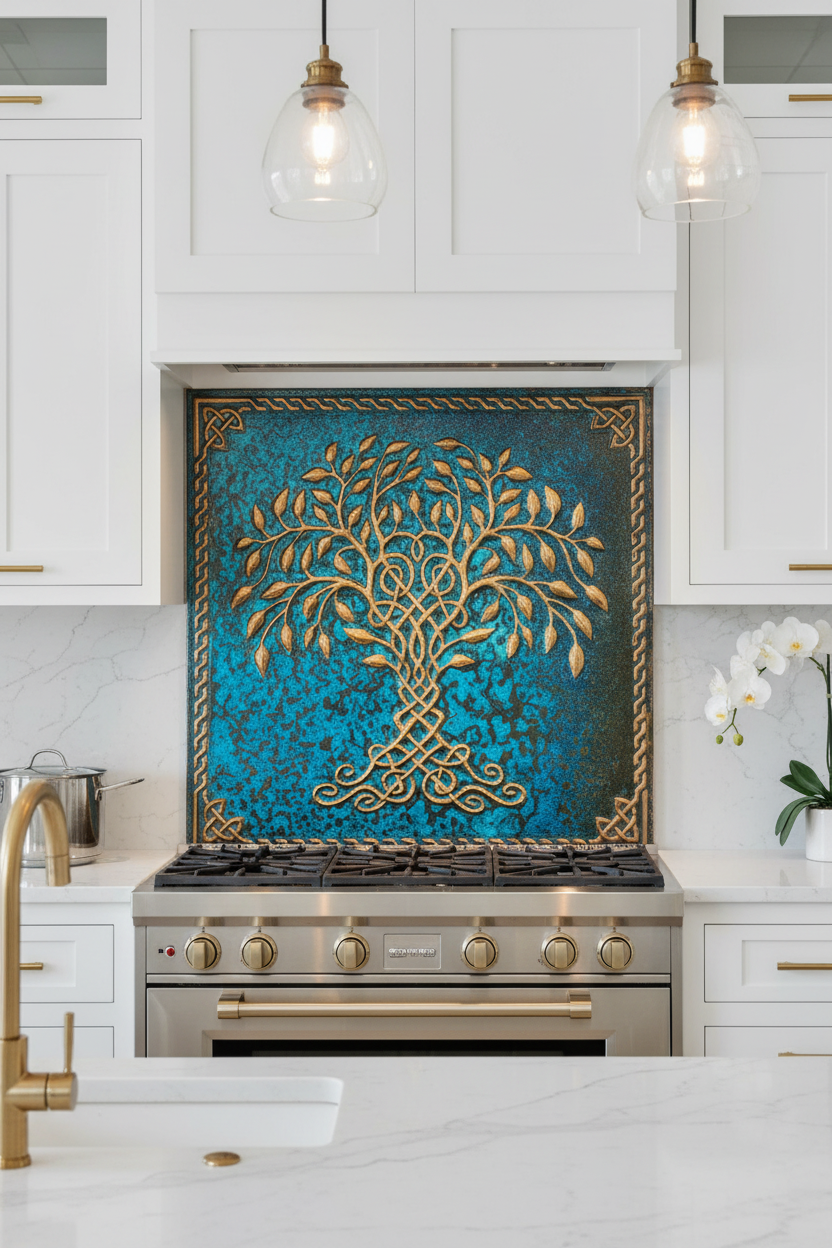 Blue Tree of Life Copper Backsplash Large Panel EXTREMELY CLOSE Front Direct View Handmade Kitchen Wall Art Ultra Luxury Upscale Modern Elegant Kitchen Stove Backsplash