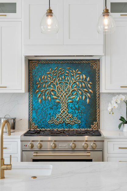 Blue Tree of Life Copper Backsplash Large Panel EXTREMELY CLOSE Front Direct View Handmade Kitchen Wall Art Ultra Luxury Upscale Modern Elegant Kitchen Stove Backsplash
