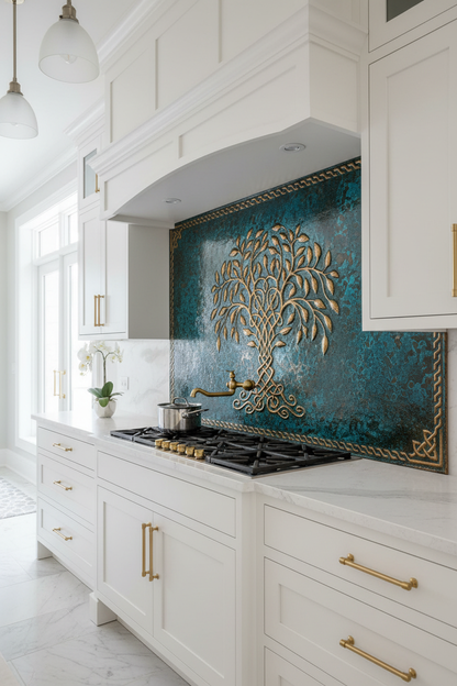 Blue Tree of Life Copper Backsplash Large Panel EXTREMELY CLOSE Slight Angled Left View Handmade Kitchen Wall Art Ultra Luxury Upscale Modern Elegant Kitchen Stove Backsplash