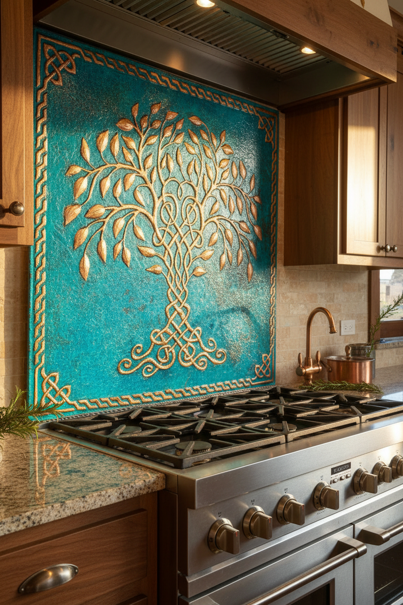 Blue Tree of Life Copper Backsplash Large Panel EXTREMELY CLOSE Slight Angled Right View Handmade Kitchen Wall Art Ultra Luxury Rustic Farmhouse Kitchen Stove Backsplash
