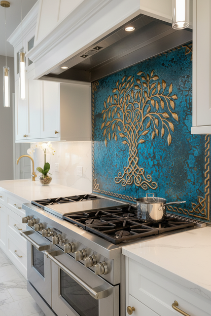 Blue Tree of Life Copper Backsplash Large Panel EXTREMELY CLOSE Slight Angled Right View Handmade Kitchen Wall Art Ultra Luxury Upscale Modern Elegant Kitchen Stove Backsplash