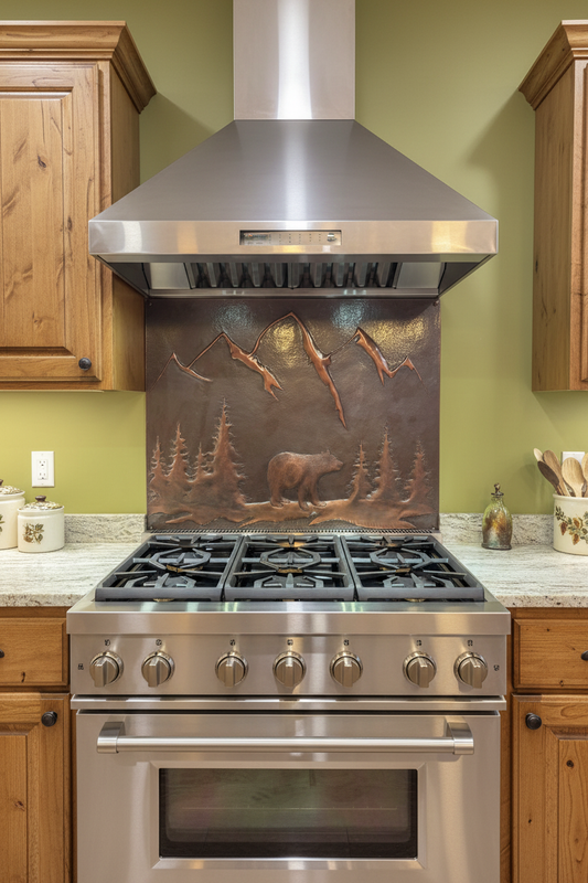 Brown bear backsplash 38"W x 38"H large square max single-piece installed in country rustic kitchen