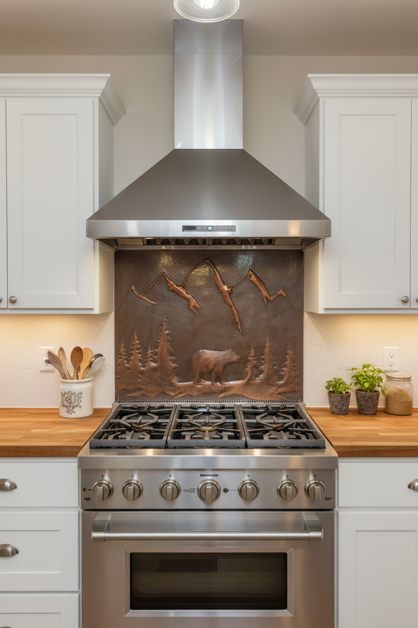 Brown bear backsplash 48"W x 36"H large installed in farmhouse kitchen