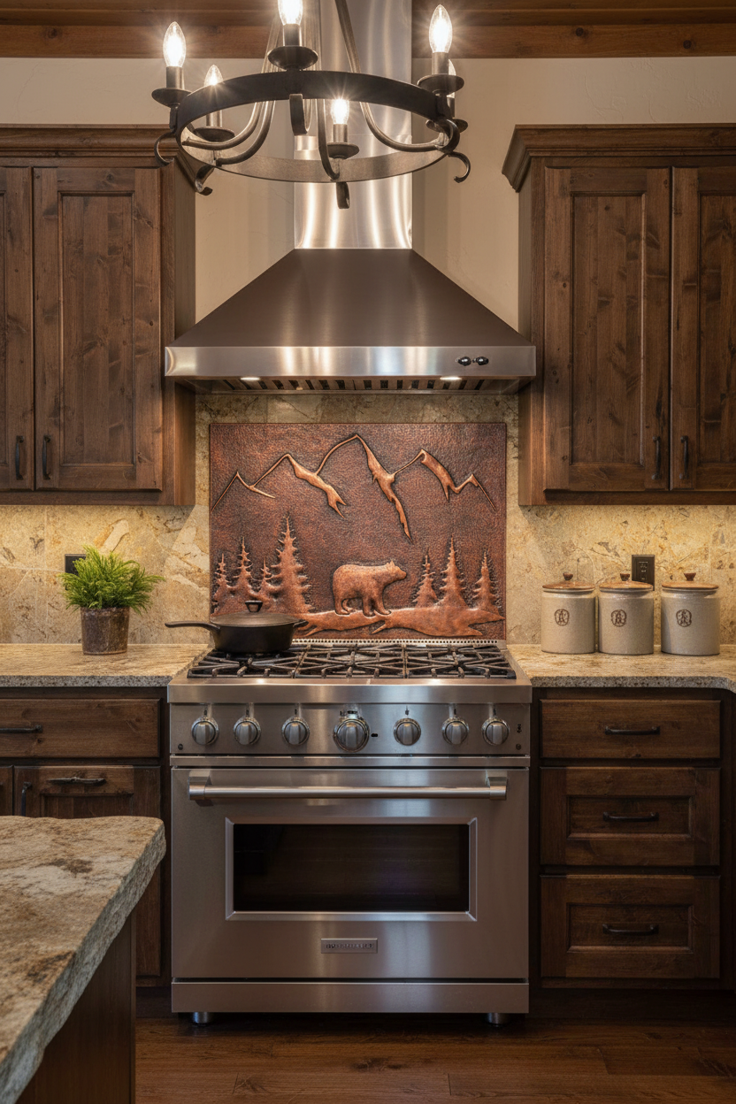 Brown bear backsplash 60"W x 36"H installed in rustic lodge kitchen