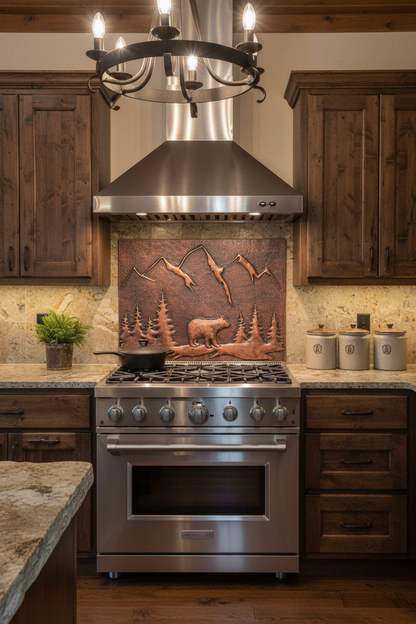 Brown bear backsplash 60"W x 36"H installed in rustic lodge kitchen