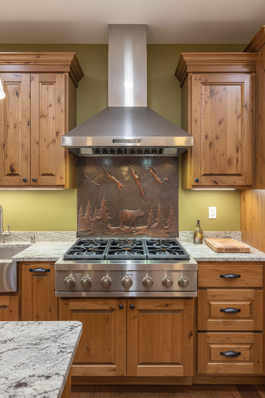 Brown bear backsplash 77"W x 38"H maximum size installed in transitional lodge kitchen