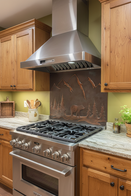 Brown bear copper backsplash 38"W x 38"H placed in country rustic kitchen