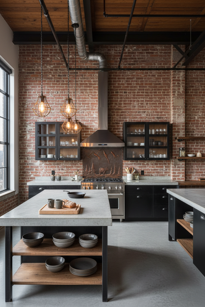 Brown bear copper backsplash 48"W x 36"H in INDUSTRIAL LOFT kitchen with exposed brick