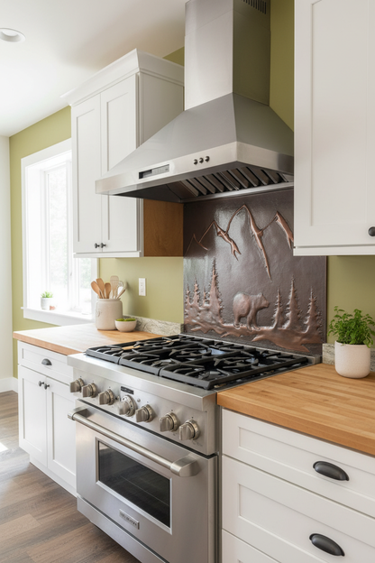 Brown bear copper backsplash 48"W x 36"H placed in farmhouse kitchen