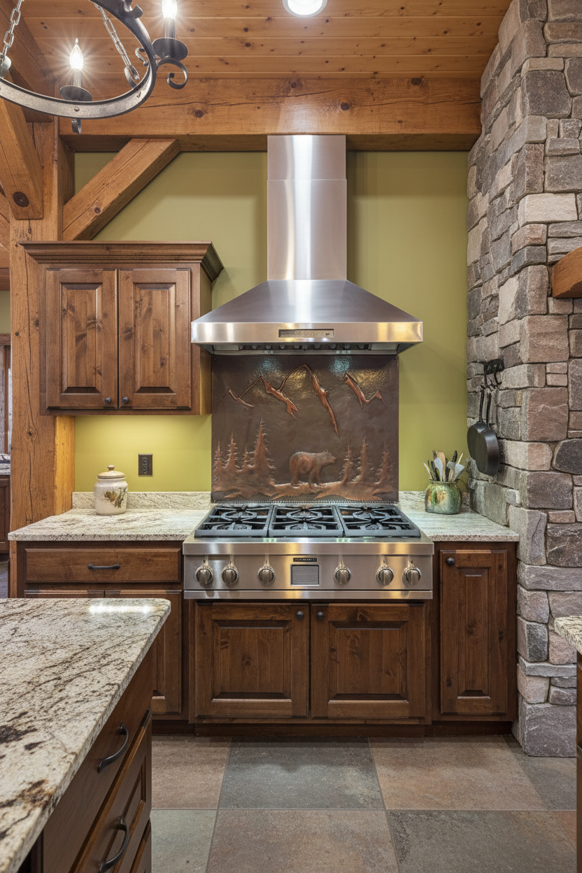 Brown bear copper backsplash 72"W x 38"H placed in mountain cabin kitchen