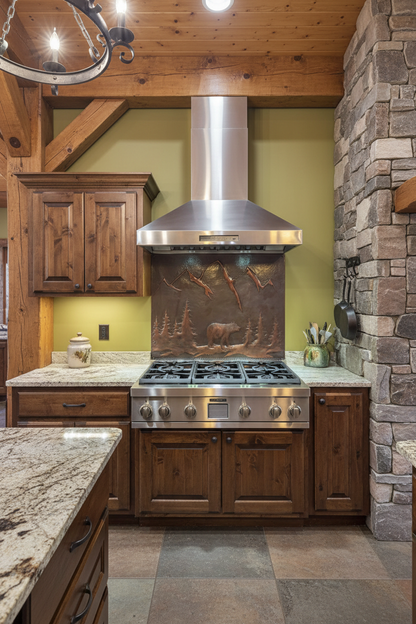 Brown bear copper backsplash 72"W x 38"H placed in mountain cabin kitchen